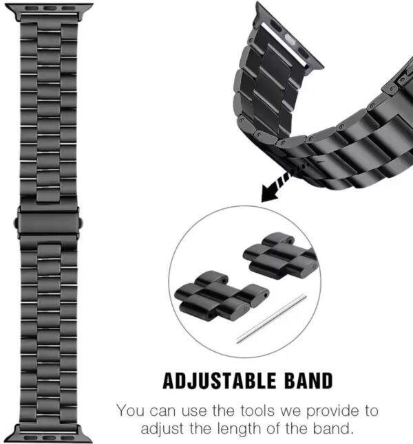 Bracelets métalliques en acier inoxydable pour Apple Watch, avec système de maillons ajustables.