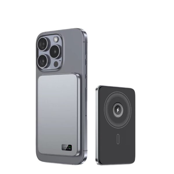 Power bank magnétique F20S collé à un iPhone avec chargeur magnétique